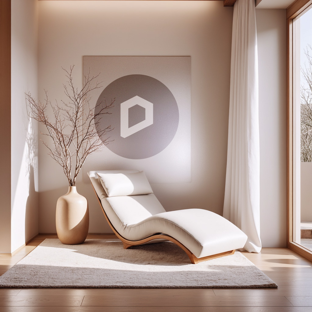 Rendu 3D hyperréaliste d'un desing intérieur de style Japandi.