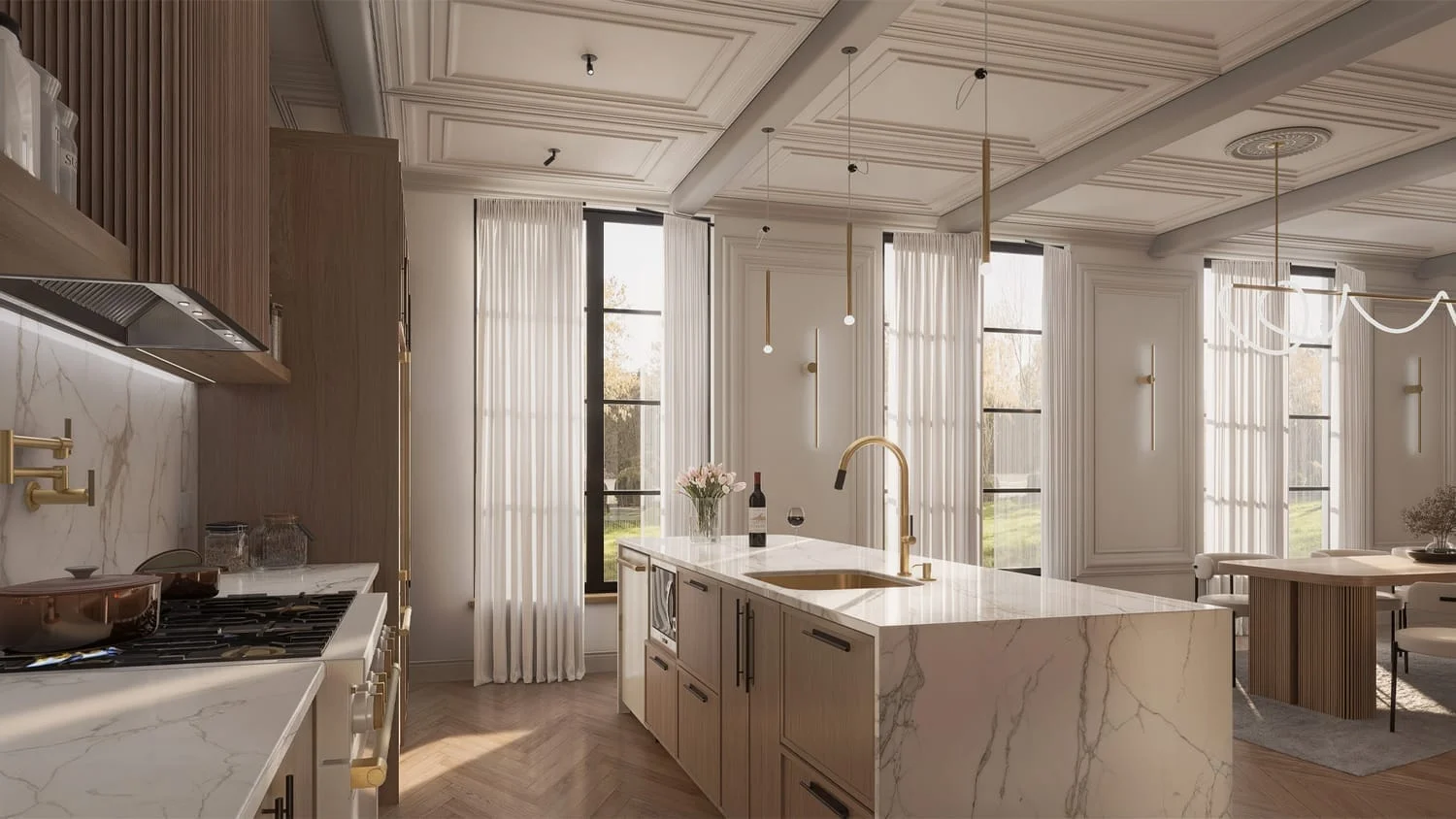 projet 3d membre dominique cuisine haussmannien ilot marbre laiton