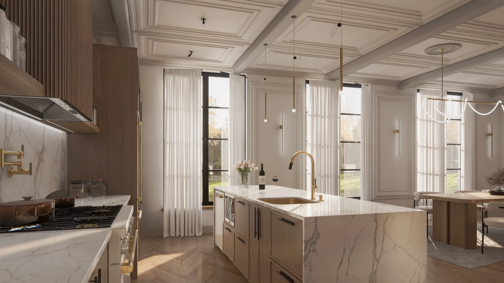 projet 3d membre dominique cuisine plafond caissons ilot marbre
