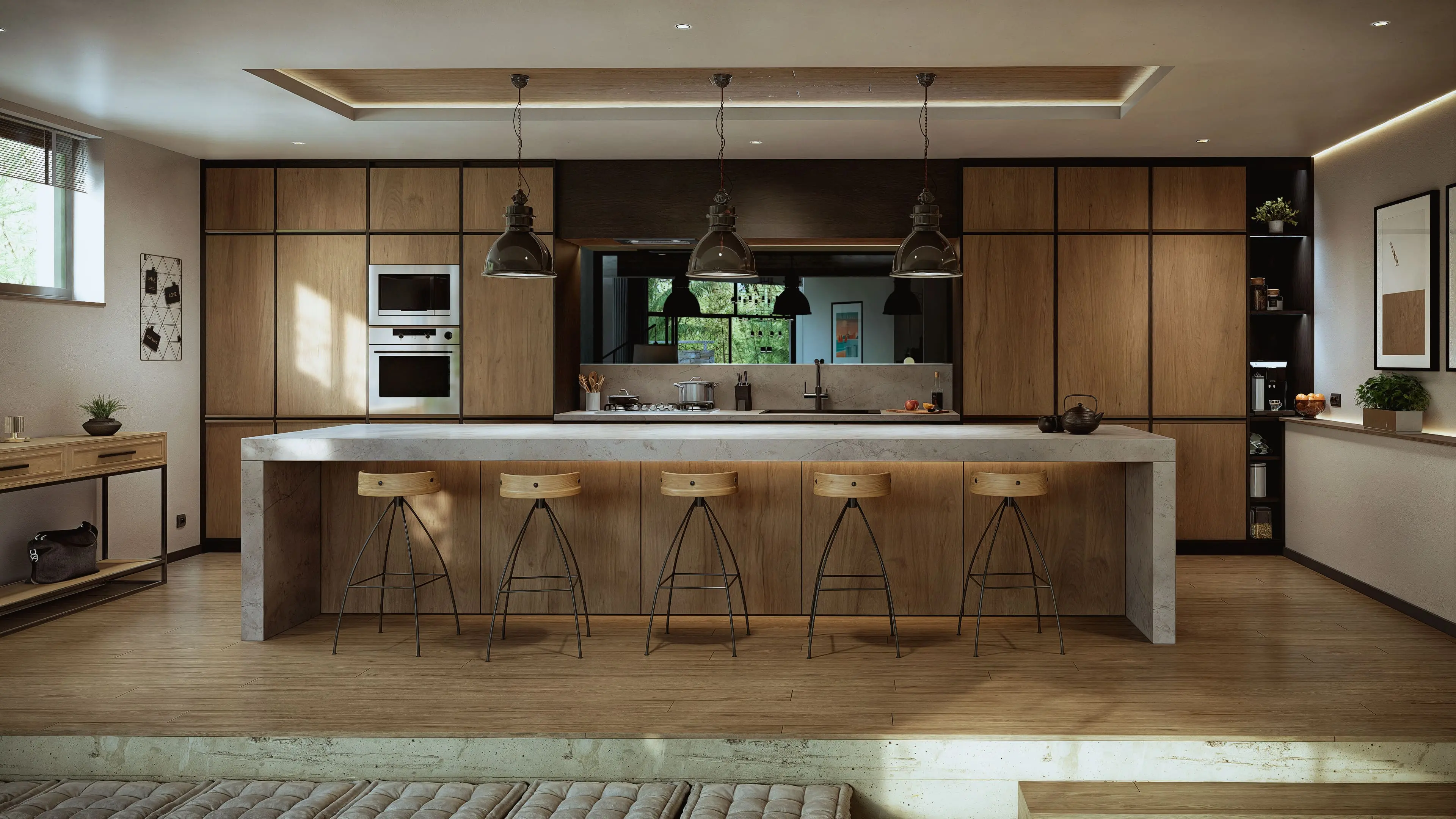 projet 3d membre ronan cuisine ilot chene cinq tabourets