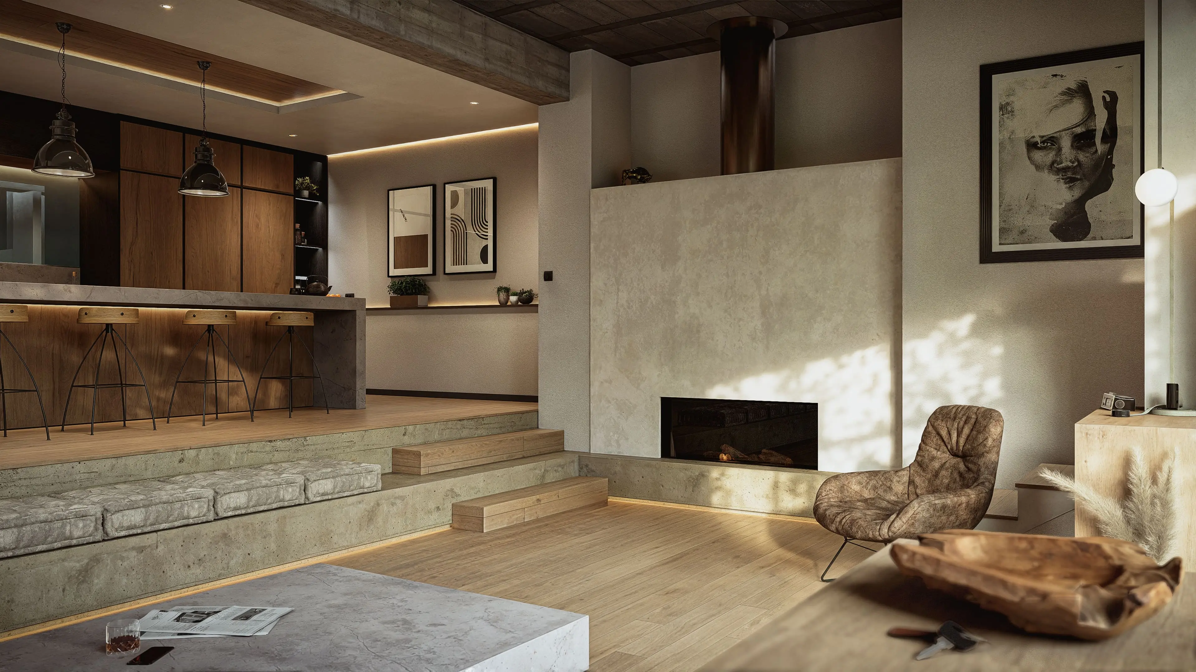 projet 3d membre ronan salon cheminee beton bar