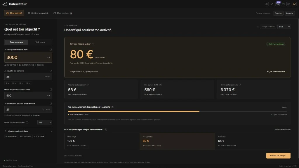 interface calculateur tarif objectif chiffrage activite coaching photorealisme 3d