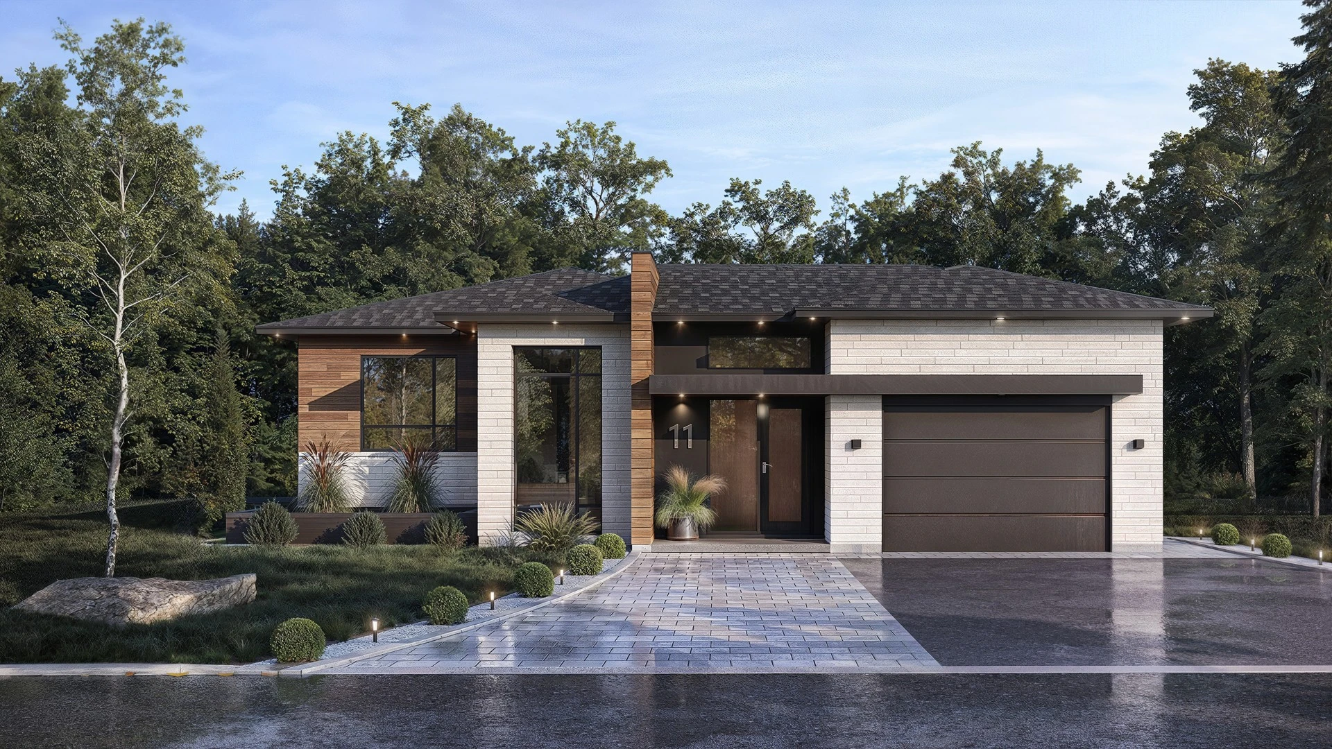 rendu 3d architectural photorealiste bungalow contemporain foret garage double