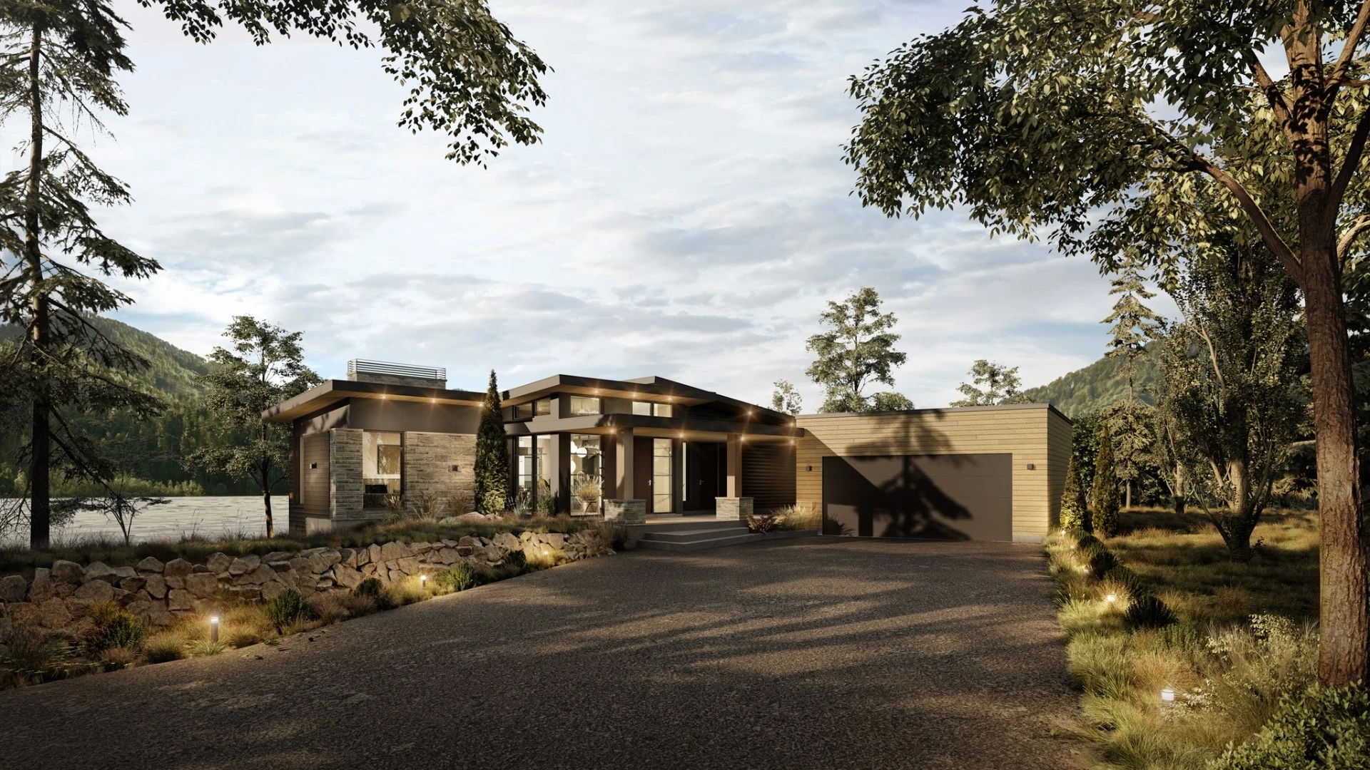 rendu 3d architectural photorealiste bungalow contemporain lac foret