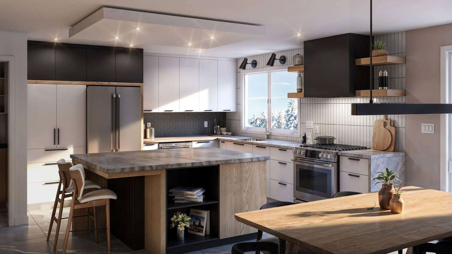 rendu 3d architectural photorealiste cuisine contemporaine ilot marbre vue neige
