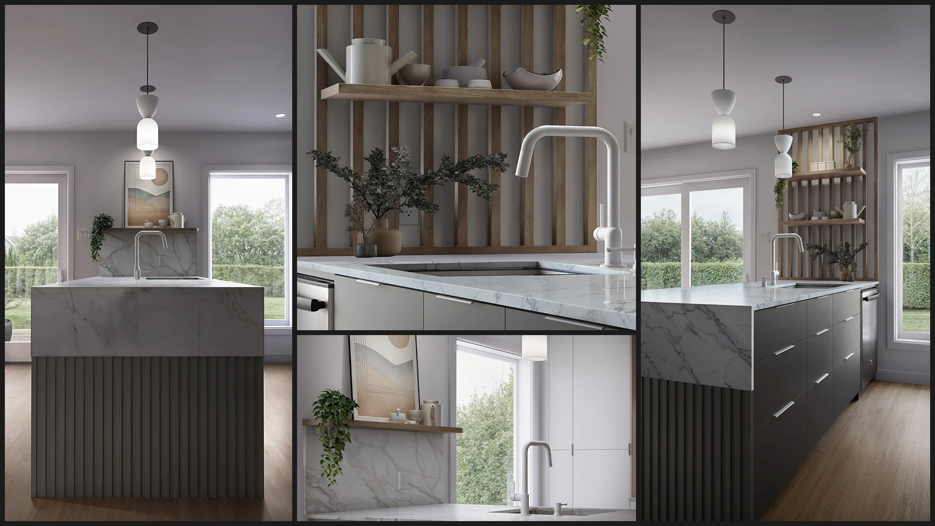 rendu 3d architectural photorealiste cuisine ilot marbre base cannelee