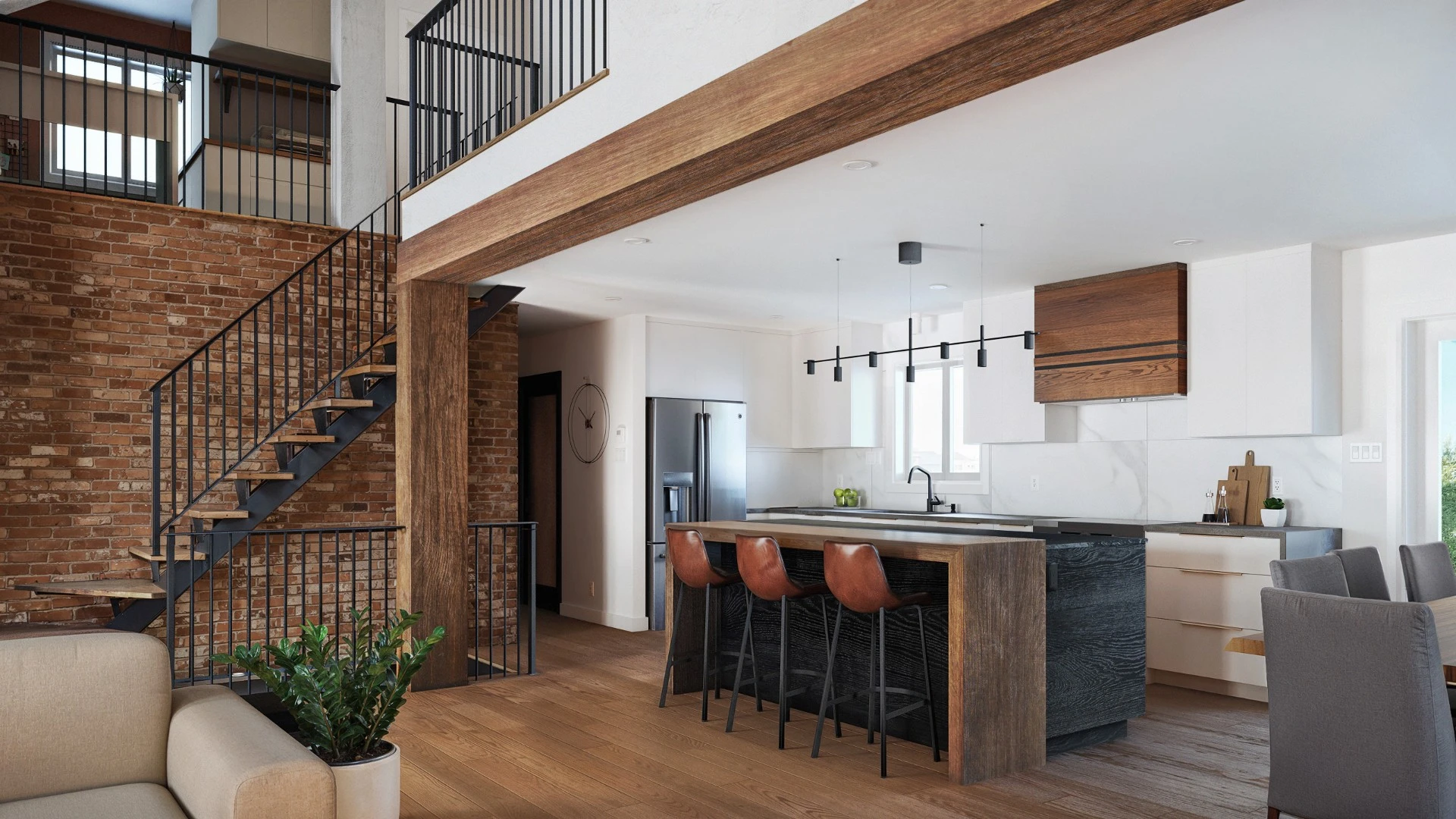 rendu 3d architectural photorealiste cuisine loft mur brique escalier bois