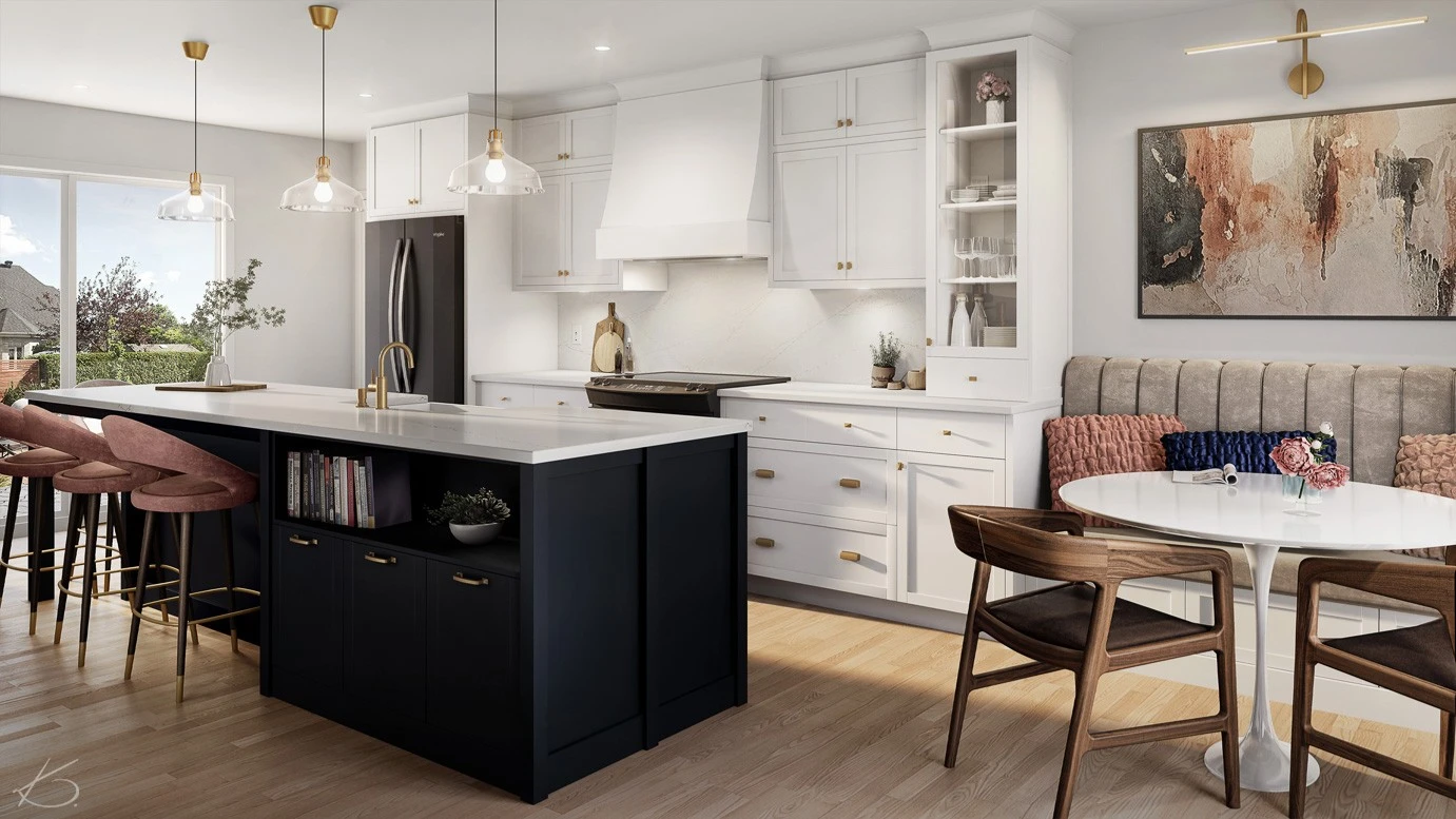 rendu 3d architectural photorealiste cuisine luxe ilot tabourets velours banquette