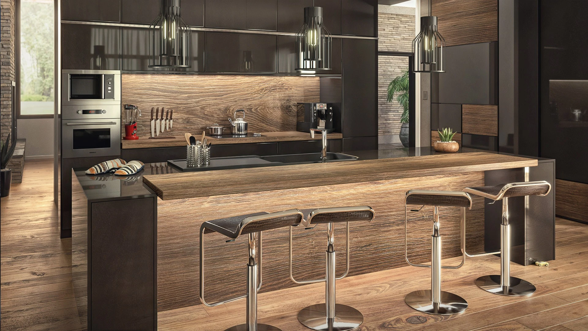 rendu 3d architectural photorealiste cuisine moderne ilot bois noir suspensions