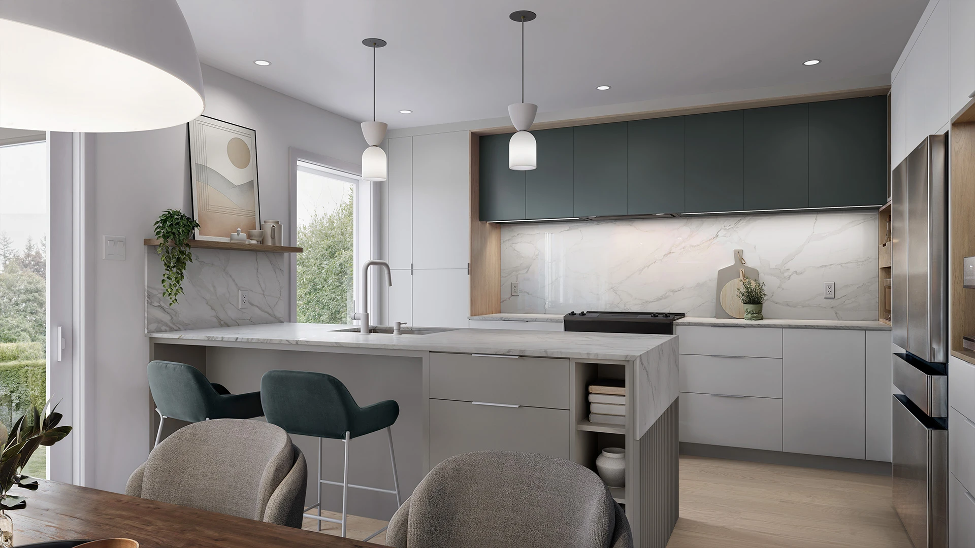 rendu 3d architectural photorealiste cuisine ouverte ilot marbre tabourets velours