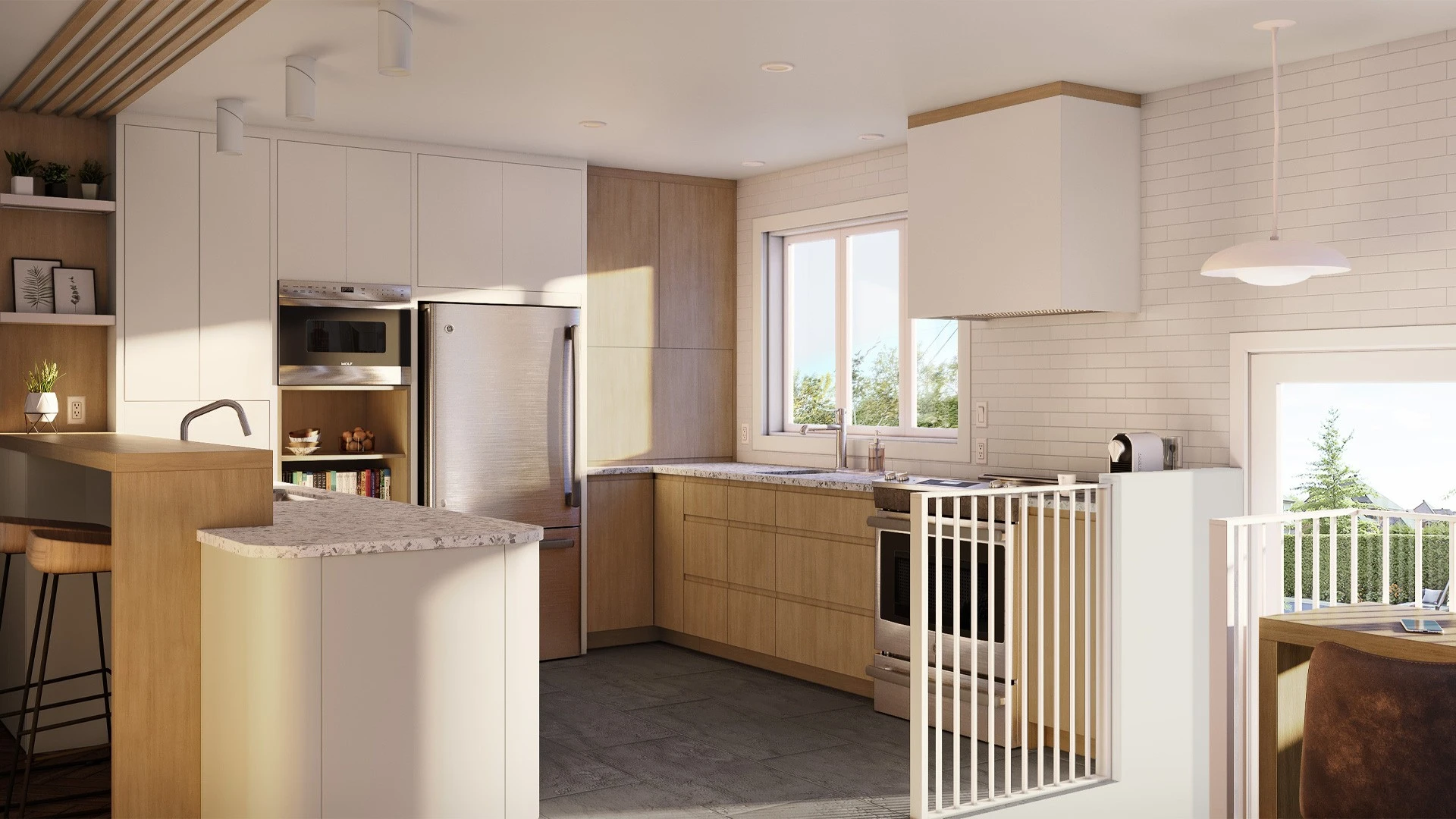rendu 3d architectural photorealiste cuisine scandinave ilot central bois