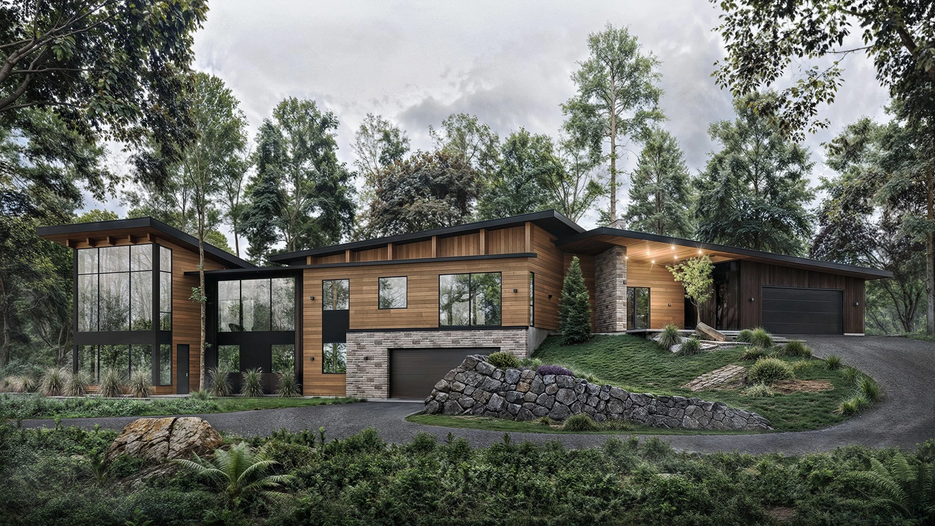 rendu 3d architectural photorealiste maison contemporaine bois pierre foret