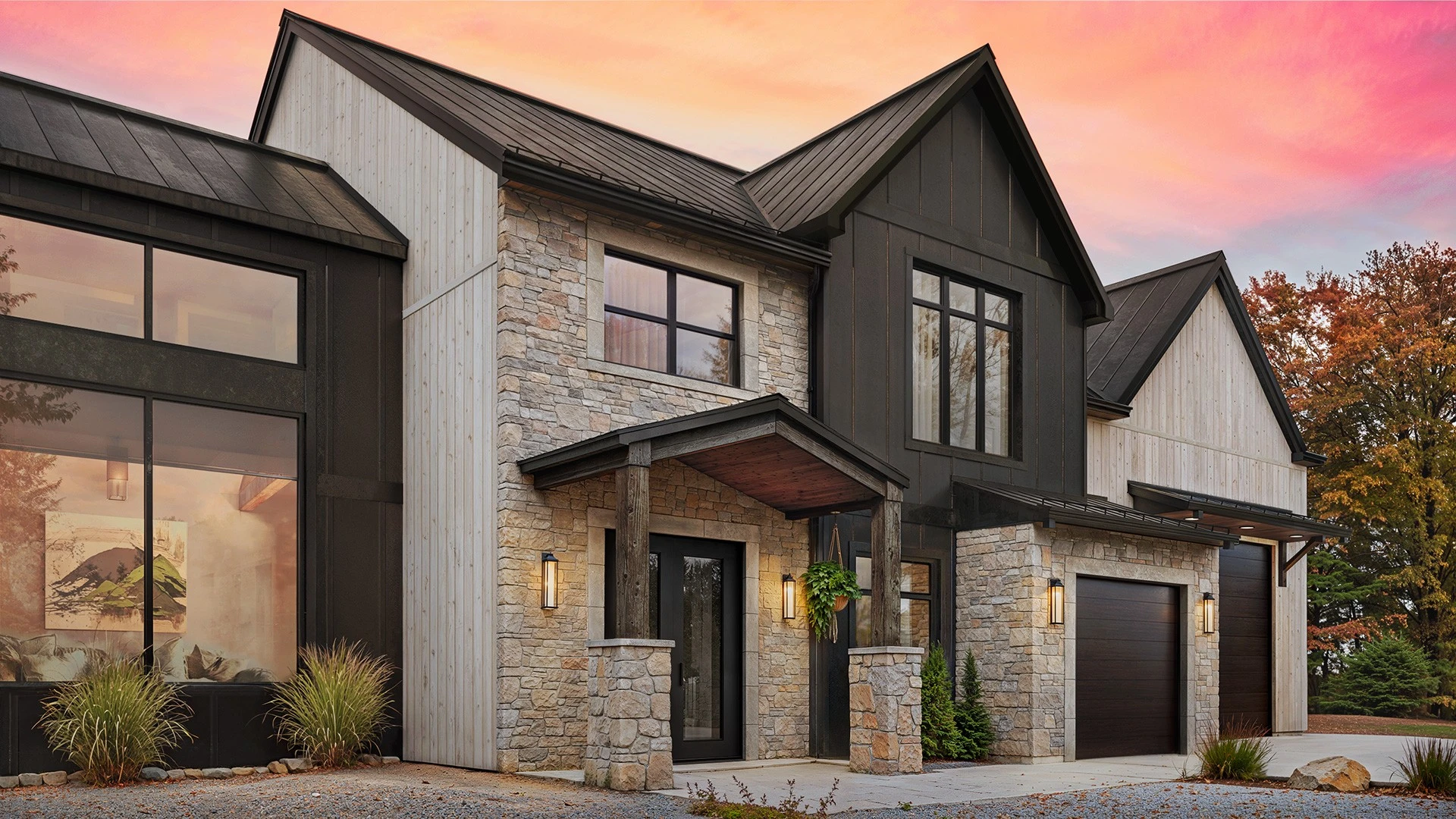rendu 3d architectural photorealiste maison farmhouse coucher soleil pierre