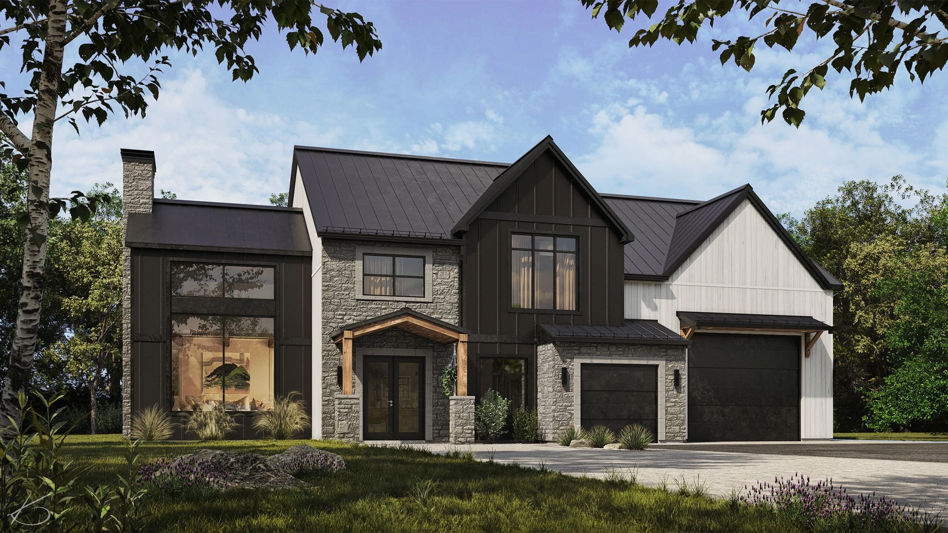 rendu 3d architectural photorealiste maison farmhouse facade pierre toit metal