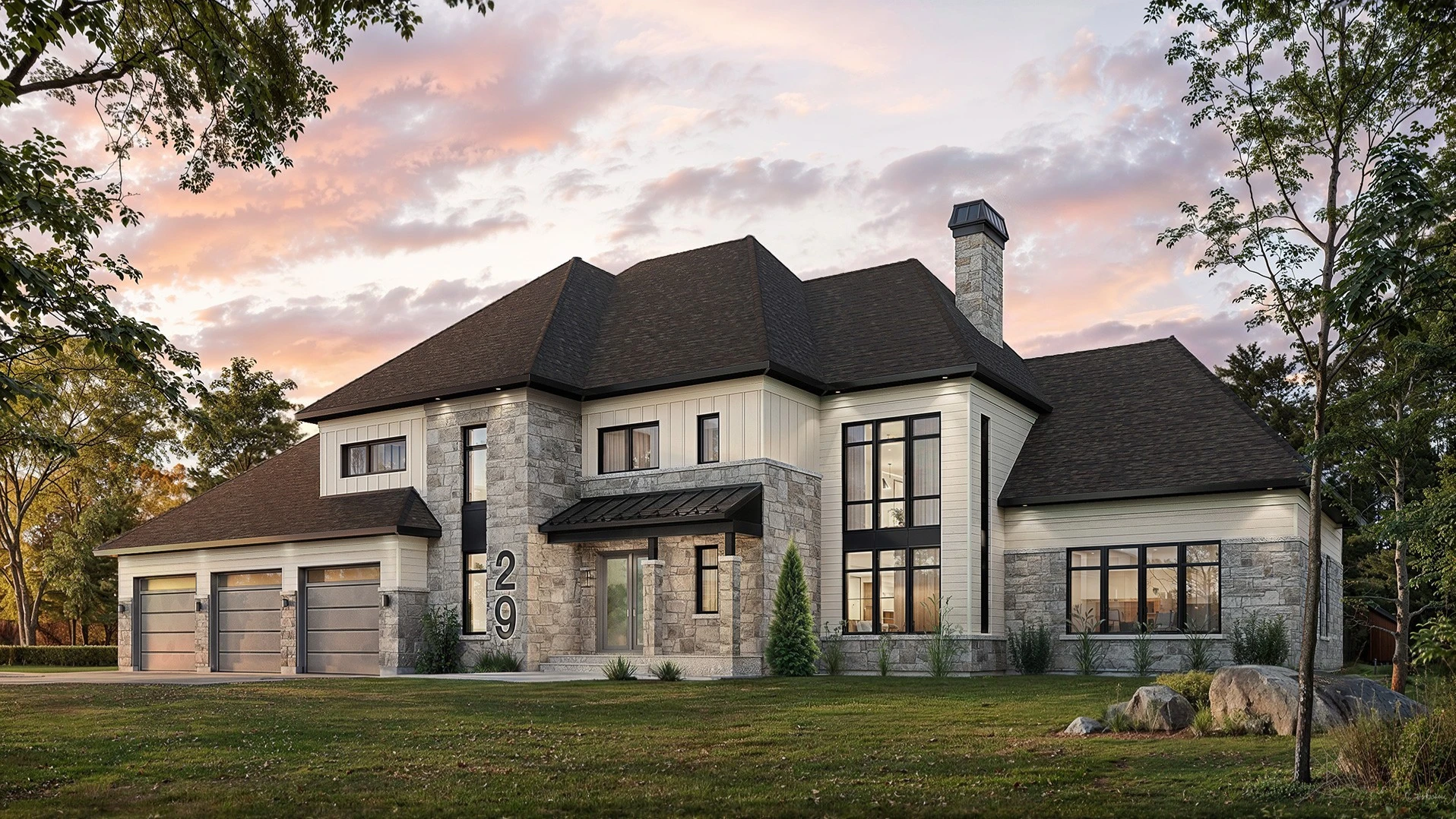 rendu 3d architectural photorealiste maison luxe pierre bardage blanc crepuscule