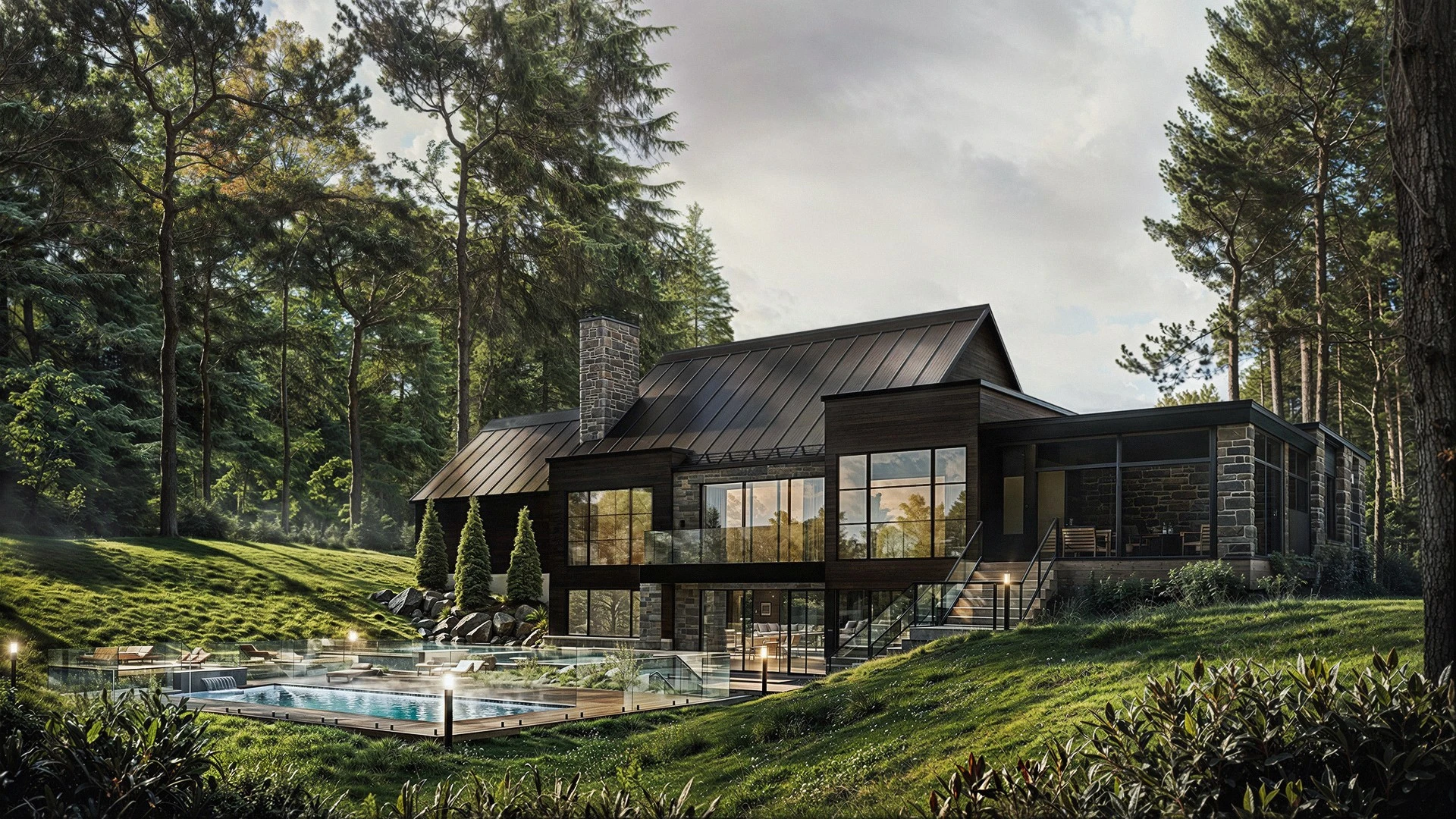 rendu 3d architectural photorealiste maison luxe piscine foret bois pierre