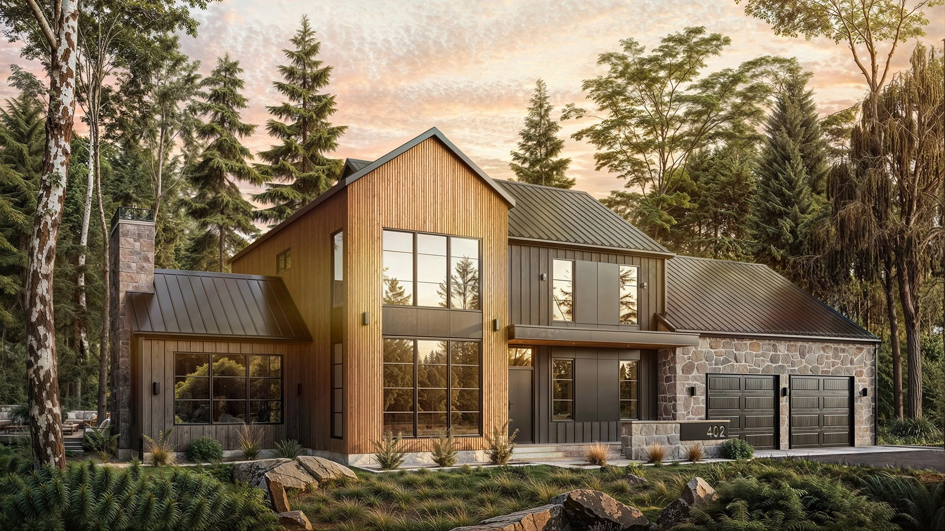 rendu 3d architectural photorealiste maison moderne bardage bois pierre crepuscule