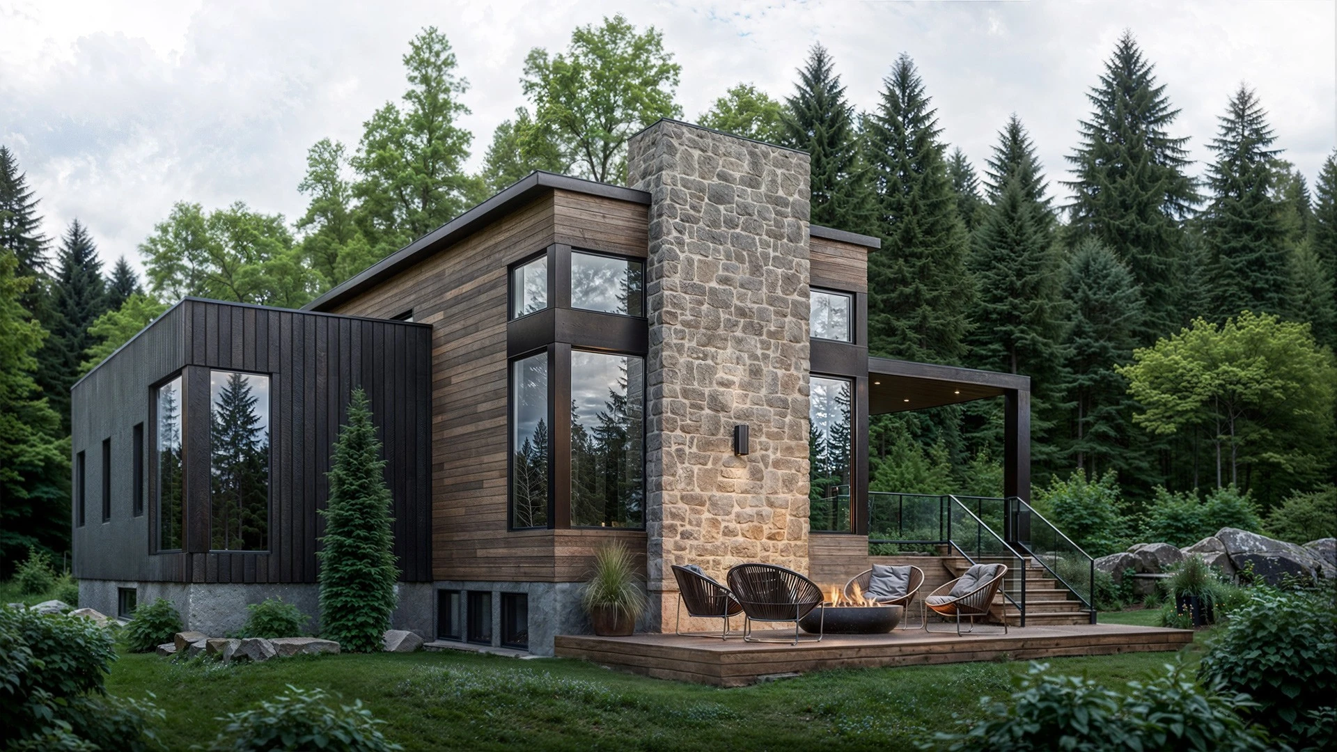 rendu 3d architectural photorealiste maison moderne terrasse foyer bois pierre