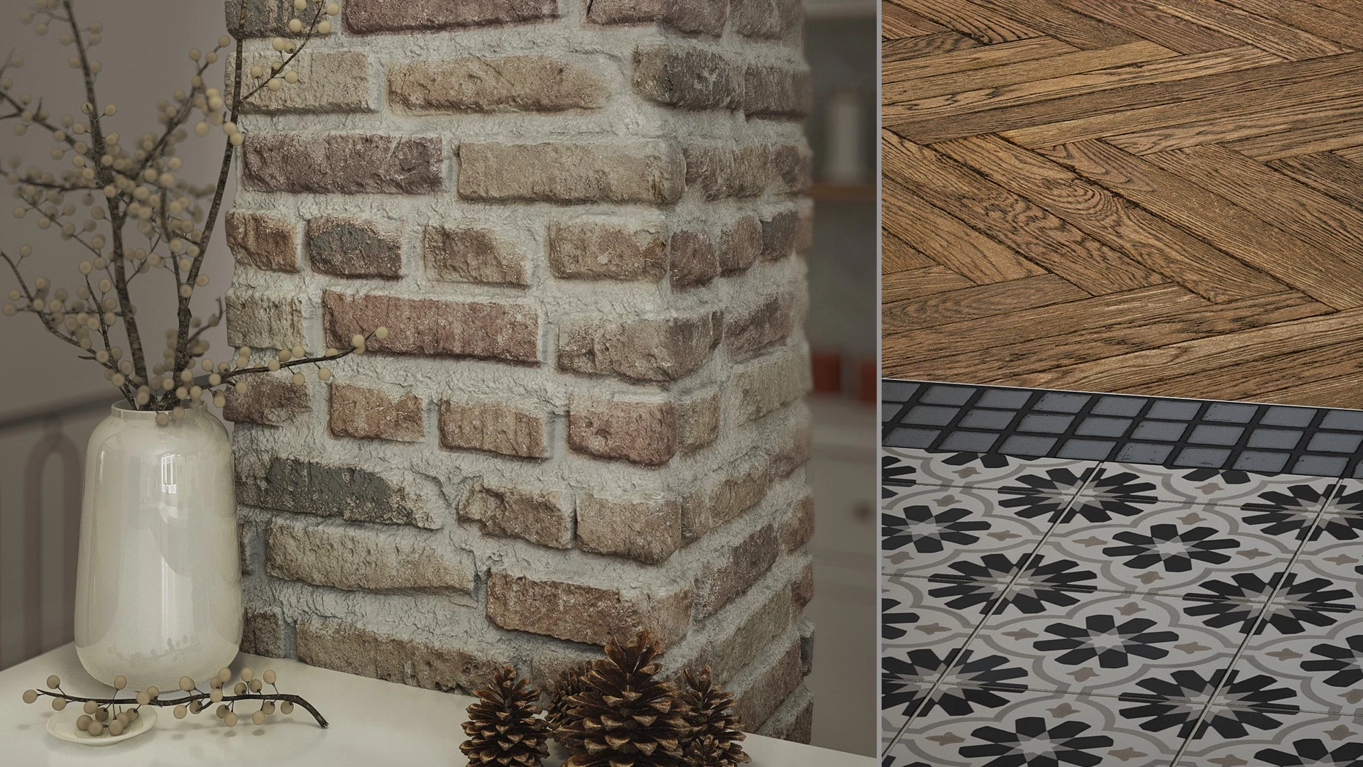 rendu 3d architectural photorealiste moodboard materiaux brique parquet ciment