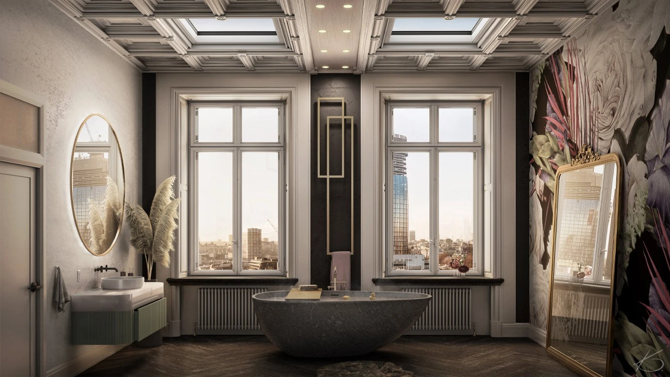 rendu 3d architectural photorealiste salle de bain luxe baignoire ilot skyline