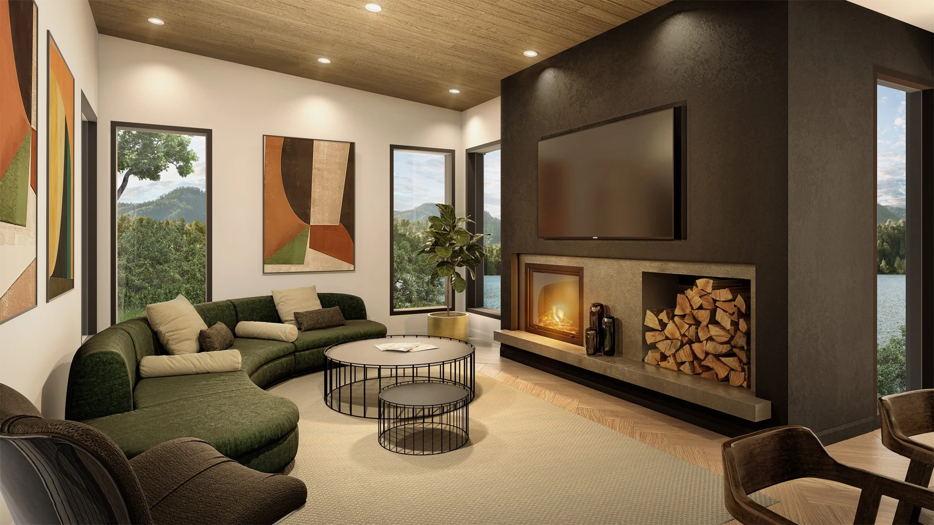 rendu 3d architectural photorealiste salon luxe canape vert cheminee lac