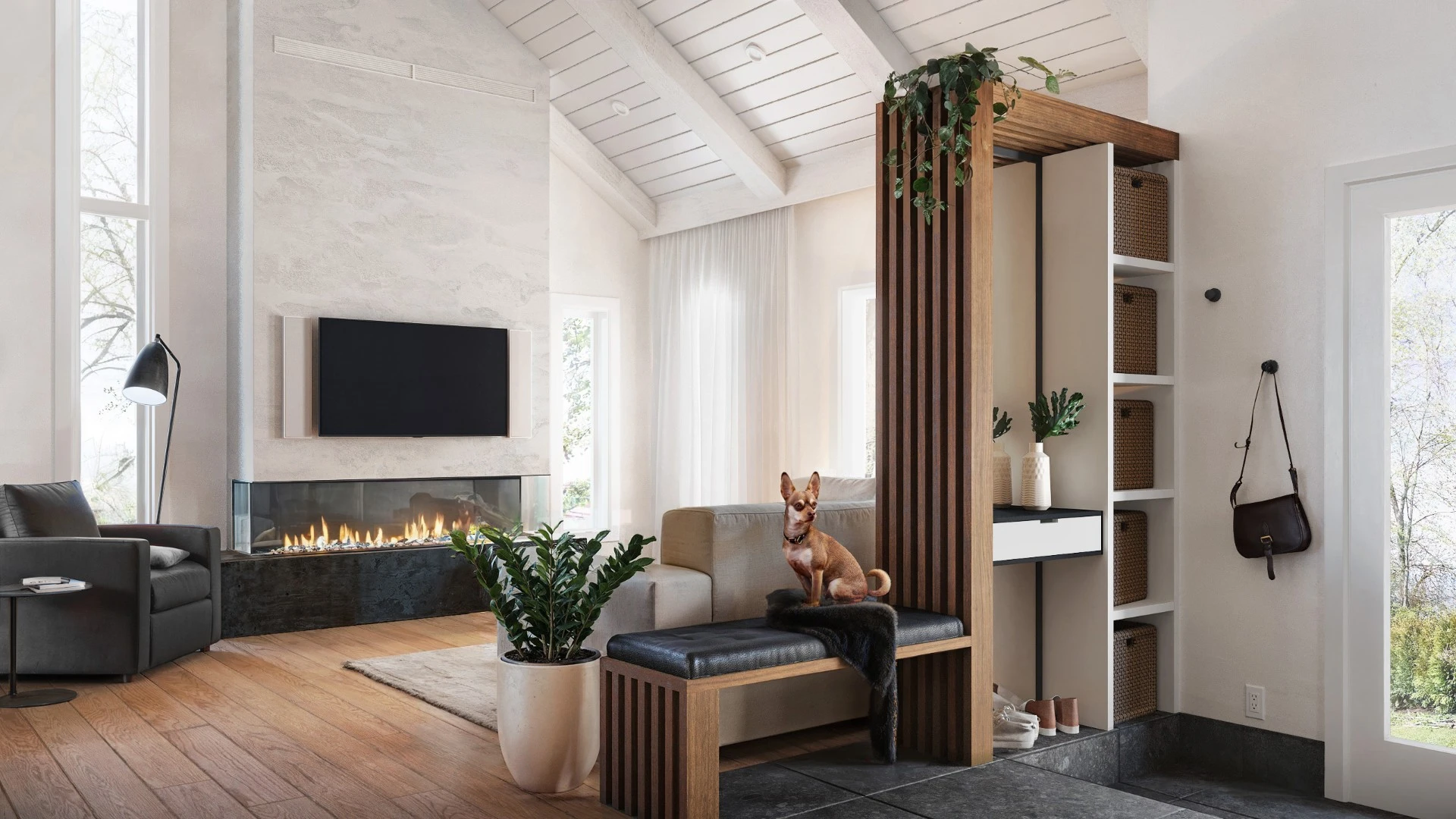 rendu 3d architectural photorealiste salon moderne cheminee claustra bois