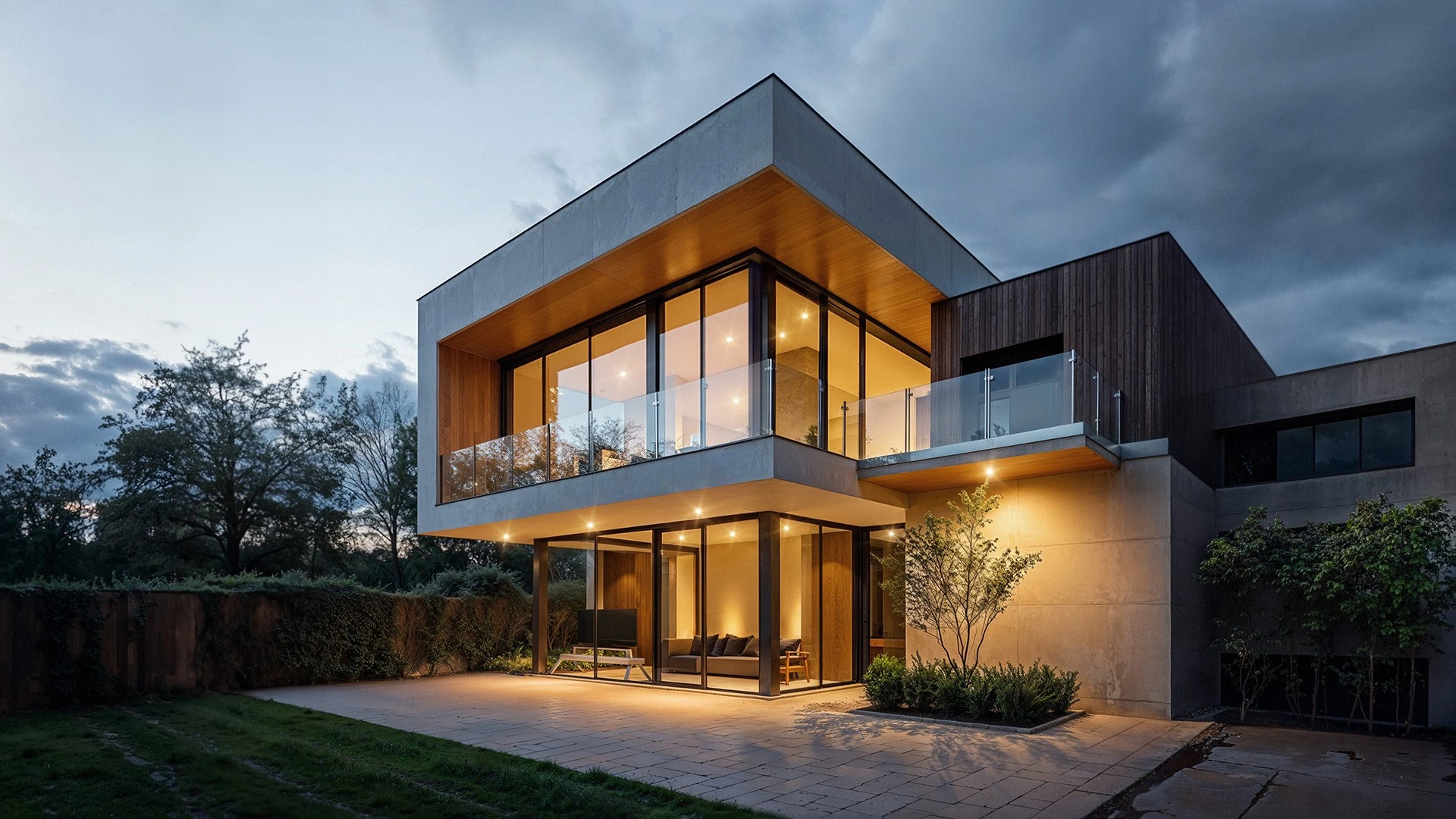 rendu 3d architectural photorealiste villa contemporaine beton bois terrasse soir