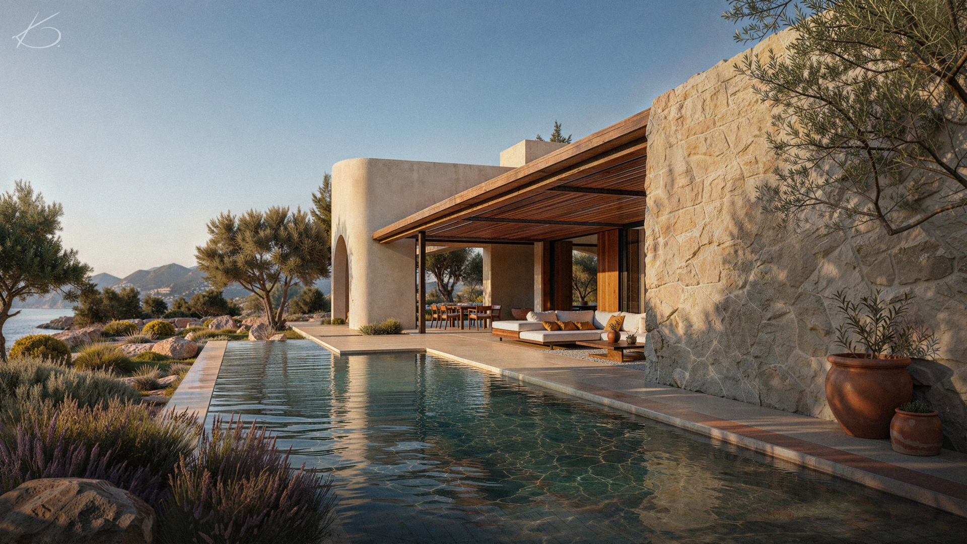 rendu 3d architectural photorealiste villa luxe piscine debordement vue mer