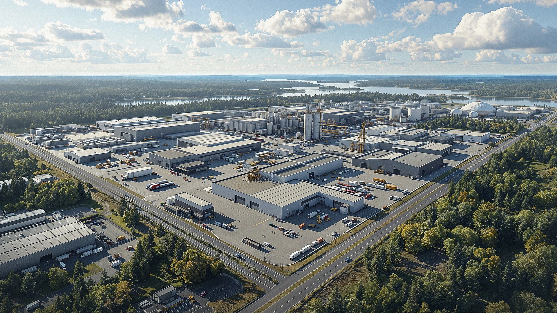 rendu 3d architectural photorealiste zone industrielle logistique vue aerienne